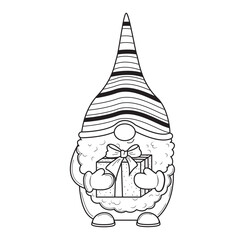 Cute cartoon Christmas gnome with box of gift for coloring book - 469805062