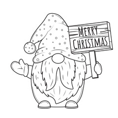 Cute cartoon Christmas gnome with wood board for coloring book - 469805063