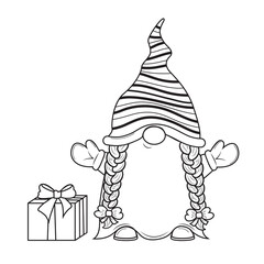 Cute cartoon Christmas gnome with box of gift for coloring book