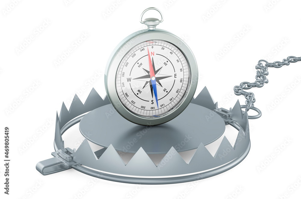 Poster bear trap with compass, 3d rendering