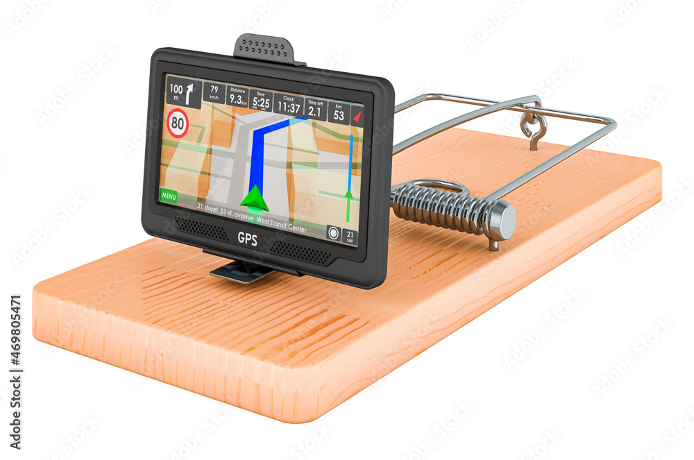 Poster gps navigation device inside mousetrap, 3d rendering