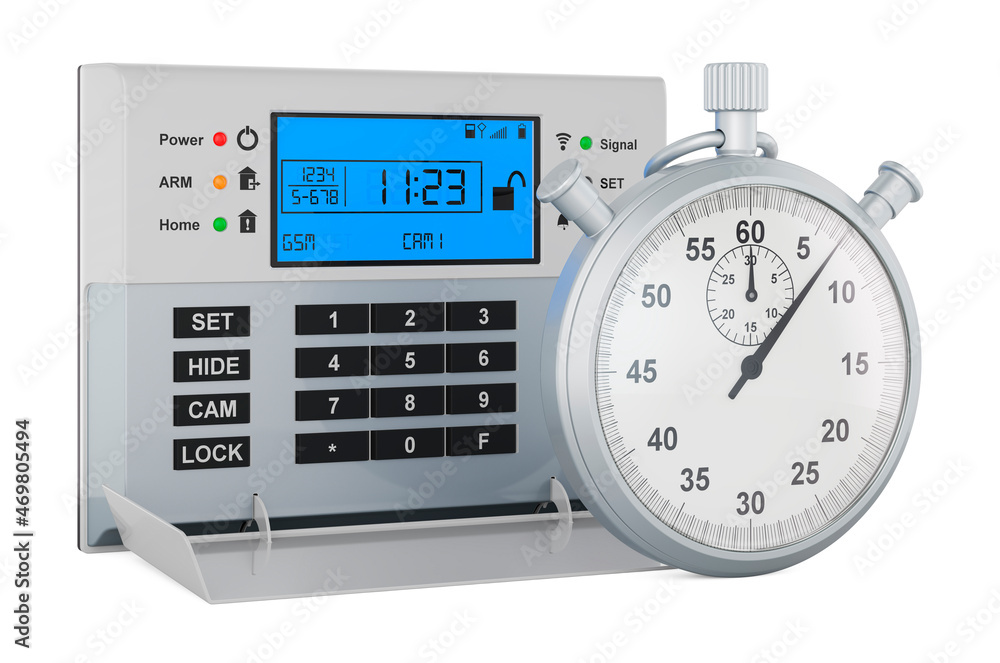 Poster security alarm system with stopwatch, 3d rendering