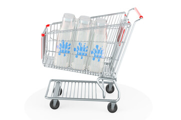 Package of glass milk bottles in shrink film inside shopping cart, 3D rendering