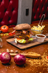 Delicious Pizza Classic Homemade Tomato Sauce Sausage Cheese Onion Meat Pasta Shrimp Restaurant Menu Gourmet on a wooden table