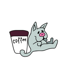 Vector children's design for postcard banners.Funny kote with coffee