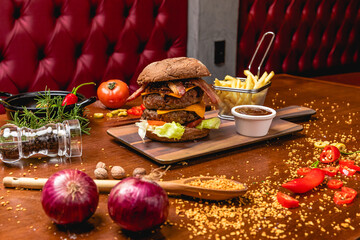 Delicious Pizza Classic Homemade Tomato Sauce Sausage Cheese Onion Meat Pasta Shrimp Restaurant Menu Gourmet on a wooden table