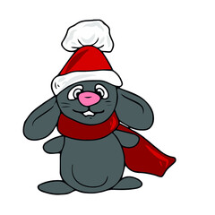 Vector children's design for postcard banners.Funny bunny in a hat and scarf