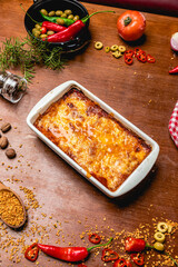 Delicious Pizza Classic Homemade Tomato Sauce Sausage Cheese Onion Meat Pasta Shrimp Restaurant Menu Gourmet on a wooden table