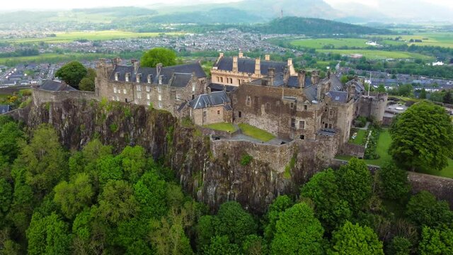 Dramatic drone aerial view of the Stirling Castle, Scottland