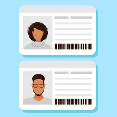 Plastic ID cards of a woman and a man with dark skin. Identity card, driver's license, identity verification, personal data. Vector illustration.