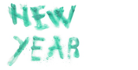 New year written snow spray stain isolated on white background