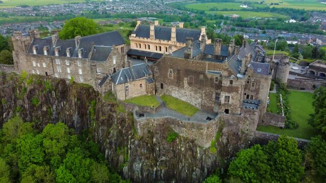 Dramatic drone aerial view of the Stirling Castle, Scottland