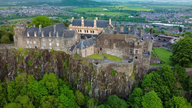 Dramatic drone aerial view of the Stirling Castle, Scottland