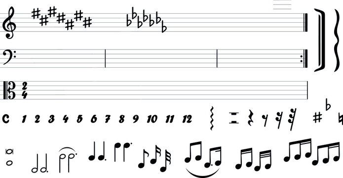 Set of basic black icons of bars notes, rests and isolated musical symbols. Musical design. Images for musical time signature formula. Musical clefs. Melody symbol pattern.