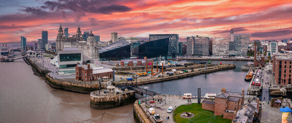 Obraz premium Edmund Gardner ship in dry dock in Liverpool, England. Aerial view of Liverpool.