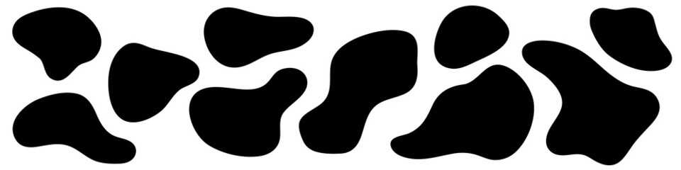Amorphous shapes. Liquid irregular asymmetric forms. Black organic fluid blobs isolated.  Simple smooth  ink stain, flat style elements for design. Abstract vector illustration.