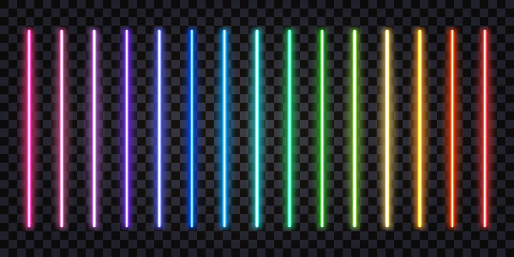 Neon glowing sticks, laser beams, rainbow iridescent spectrum colorful lines. Fluorescent electric light effect. Isolated rays on dark transparent background. Vector illustration