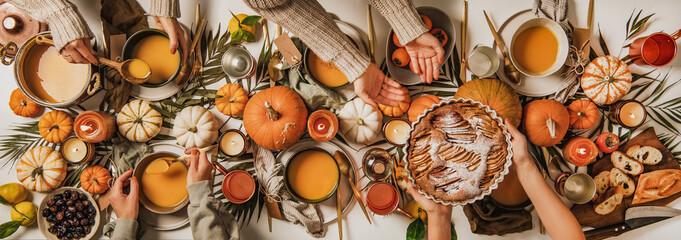 People eating over fall festive table set, top view
