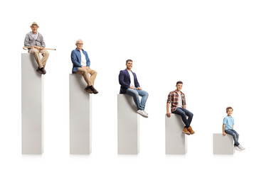 Men sitting on columns from a graph chart from youngest to eldest