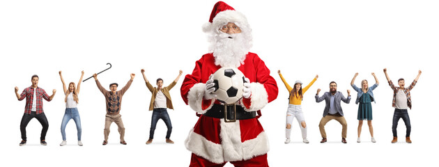 Santa claus holding a football and people cheering in the back