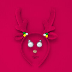 Christmas deer. postcard square.Minimalistic winter seasonal idea. Flat lay, top view. pink colour