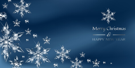 Vector Christmas background with realistic transparent glass snowflakes and decoration. Sparkling translucent crystals