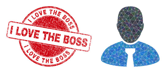 Lowpoly triangulated boss symbol illustration with I Love the Boss corroded stamp. Red stamp has I Love the Boss caption inside circle shape. Boss icon is filled using triangle mosaic.