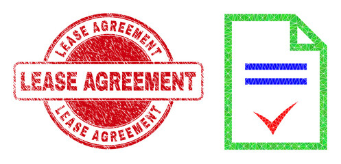 Low-Poly polygonal agreement page 2d illustration, and Lease Agreement grunge stamp seal. Red stamp seal has Lease Agreement title inside round it. Agreement page icon filled with triangles.