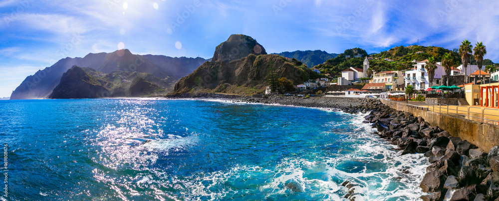 Poster madeira island nature scenery, view of charming porto da cruz village. popular tourist resort in por