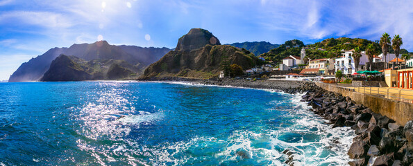 Madeira island nature scenery, view of charming Porto da Cruz village. Popular tourist resort in Portugal