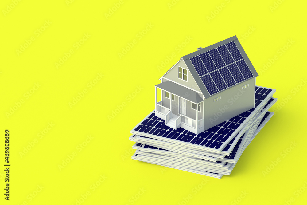 Wall mural House with solar panels on roof on yellow background. Installation and maintenance of alternative energy sources. Renewable resources. Modern technologies. Copy space. 3d render