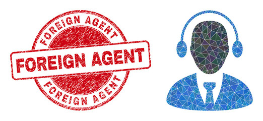 Low-Poly polygonal call center agent icon illustration with FOREIGN AGENT textured stamp. Red stamp includes Foreign Agent text inside round form. Call center agent icon is filled with triangles.