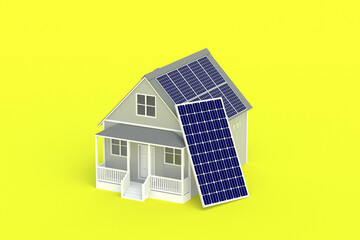 House with solar panels on roof on yellow background. Installation and maintenance of alternative energy sources. Renewable resources. Modern technologies. 3d render