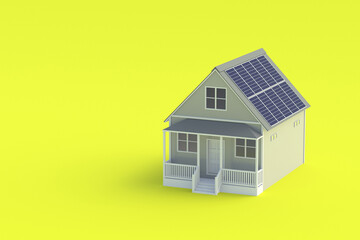 House with solar panels on roof on yellow background. Installation and maintenance of alternative energy sources. Renewable resources. Modern technologies. Copy space. 3d render