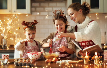Young smiling woman mother making dough for christmas gingerbread cookies with cute little kids