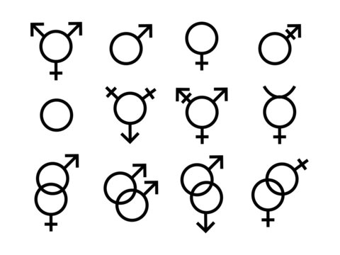 A set of gender symbols. Icons of different sexual orientation. Male, female, Transgender, gay, asexual, lesbian, Bisexual, bigender, travesty. The concept of equality and tolerance. vector graphics.
