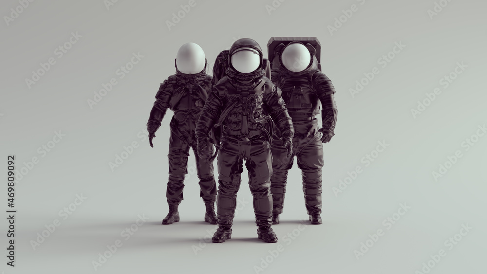 Wall mural black astronaut cosmonaut with white visor helmet group of three spaceman spacewoman technology 3d i