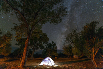 An illuminated tent at night on a campground in Big Bend National Park