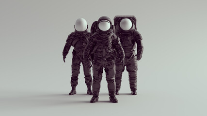 Black Astronaut Cosmonaut with White Visor Helmet Group of Three Spaceman Spacewoman Technology 3d illustration render © paul