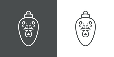 Decoración para árbol de navidad. Icono silueta de bola de navidad ovalada con cabeza de reno Rudolph con líneas en fondo gris y fondo blanco © teracreonte