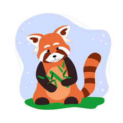 Cute red panda holding bamboo. Great for a book, cover, sticker, postcard, textile T-shirt or nursery. Character for children. Vector illustration