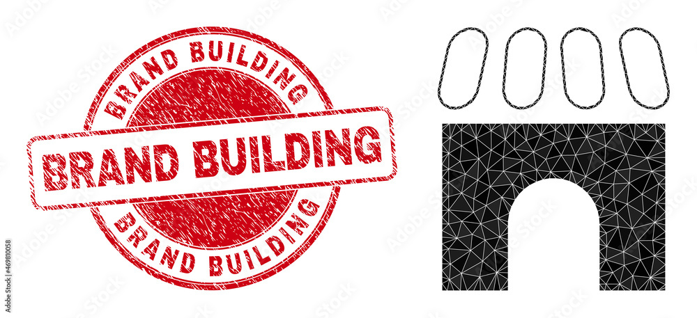 Wall mural low-poly triangulated building icon illustration with brand building scratched seal imitation. red s