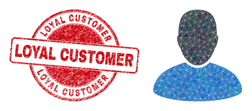 Lowpoly polygonal customer 2d illustration with Loyal Customer scratched seal imitation. Red seal includes Loyal Customer tag inside circle shape. Customer icon is filled with triangle mosaic.