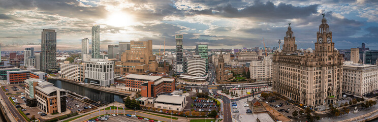 Beautiful aerial panoramic view of the Liverpool city skyline view near the sea. Liverpool waterfront scene.