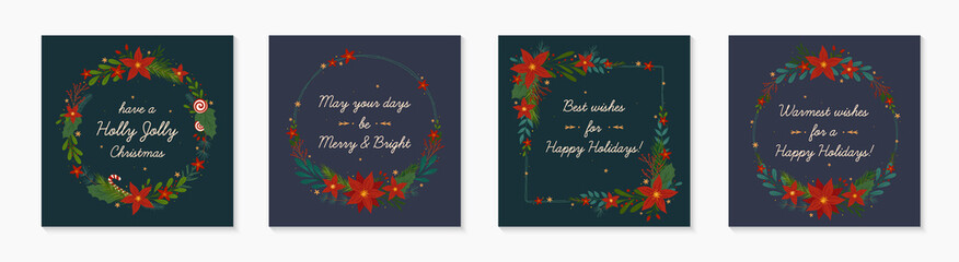 Christmas and Happy New Year holiday decorative wreaths.Festive vector templates with hand drawn traditional winter holiday symbols.Xmas trendy designs for banners,invitations,prints,social media.