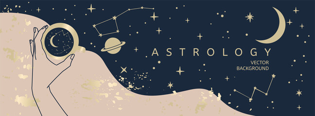 Vector astrology and mystical banner template with hand holding the cup, gold stars, moon and sun symbols