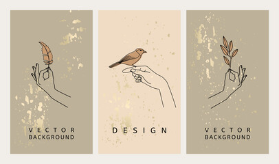 Hand drawn vector collection of mystical stories templates or banner with hands, feather and bird