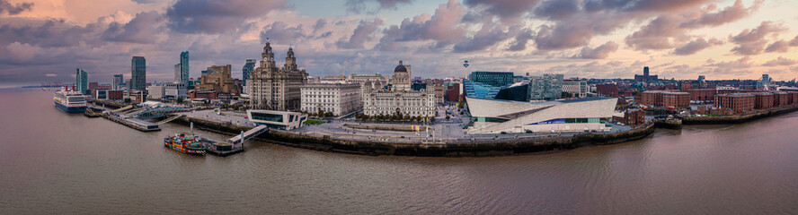 Beautiful aerial panoramic view of the Liverpool city skyline view near the sea. Liverpool...
