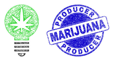 Carcass irregular mesh cannabis innovation bulb icon with Producer Marijuana textured round seal print. Abstract lines form cannabis innovation bulb illustration.