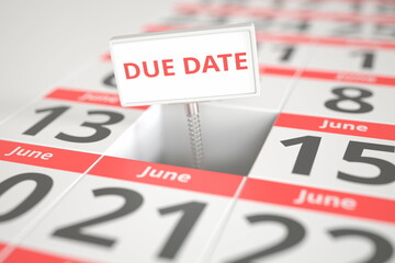 DUE DATE sign on June 14 in a calendar, 3d rendering